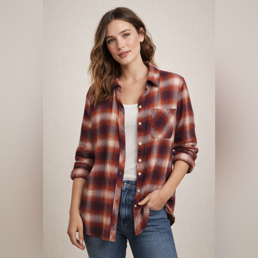 GAP Moana Plaid Button Down Shirt Rust/Burgundy —… - image 1